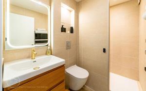 a bathroom with a sink and a toilet and a mirror at Studio neuf et moderne centre historique in Chambéry