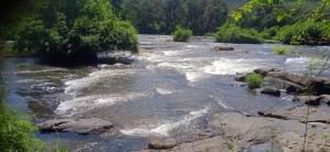 ein Fluss mit Stromschnellen auf Felsen in der Unterkunft Tharavad Homestay Athirappilly in Athirappilly