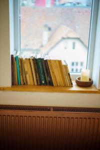 a row of books on a window sill with a candle at Lumiere Studio 2 in Sfântu-Gheorghe