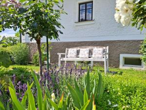 a bench in the middle of a garden with flowers at Jizerské hory, apartmány, zahrada, Penzion Pod Sudem in Lázně Libverda