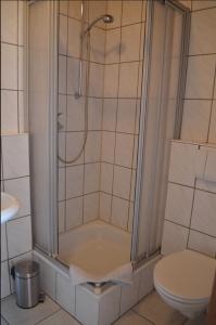 a bathroom with a shower and a toilet at Frühstückspension Stenbrock in Grevenbroich +8 photos