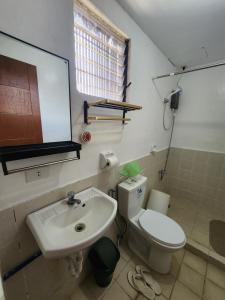 a bathroom with a white toilet and a sink at Caishen Apartelle 301 in Silang