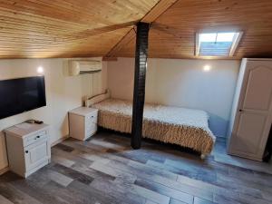 a bedroom with a bed and a tv in a room at Къща за гости Пъстрина in Sŭbotkovtsi