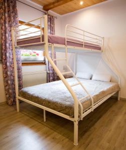 a bedroom with two bunk beds in a room at Chalet Waldstadl oder Andrea's Woidhaisl in Arnbruck