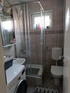 a bathroom with a shower and a toilet and a sink at Apartman Centar in Modriča