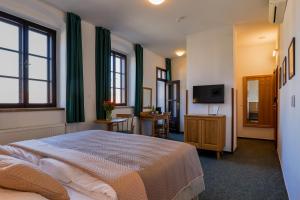 a hotel room with a bed and a television at LH Hotel Mlýn in Český Krumlov