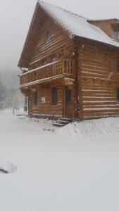 a log cabin in the snow with snow at Valea Vistisoarei in Vistisoara