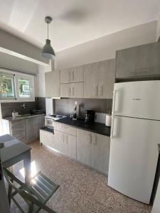 a kitchen with a white refrigerator and a table at Studio Mytzela in Amaliapoli
