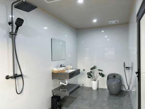 a white bathroom with a sink and a shower at Hannie House- Mộc Châu in Mộc Châu +42 photos