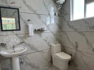 a bathroom with a sink and a toilet and a mirror at OmiHomeStay Dharamkot McLeodganj in Dharamshala +50 photos