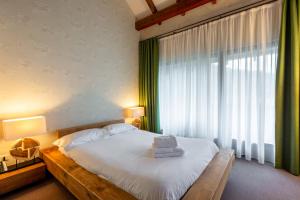 a bedroom with a bed and a large window at Le Freudeneck in Wangenbourg