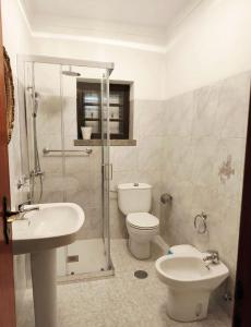 a bathroom with a shower and a toilet and a sink at Aurélio & Zezinha House in Penamacor +13 photos