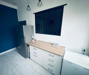 a kitchen with a refrigerator and a counter top at 3 pièces TERRASSE et JACUZZI in Nîmes