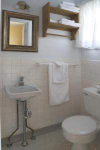 a bathroom with a toilet and a sink and a mirror at Motel Bellevue in Rivière-du-Loup
