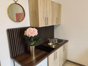 a vase with a flower on a counter in a kitchen at Old Town Studio - Stay Olomouc CZ in Olomouc