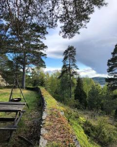 a picnic table in a field with trees in the background at Gjestehus 2 Solåsen in Vestby