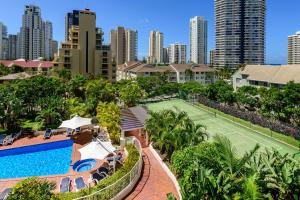 an aerial view of a tennis court in a city at The Crest Apartments - Main Beach in Gold Coast