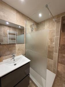 a bathroom with a sink and a shower at La Baraque de Beauval in Saint-Aignan