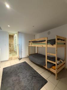 a bedroom with two bunk beds and a bathroom at La Baraque de Beauval in Saint-Aignan