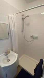 a white bathroom with a sink and a shower at Caterine lodge in Whetstone