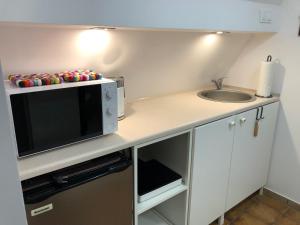 a small kitchen with a microwave and a sink at Ferienhaus Plöwen MV in Plöwen