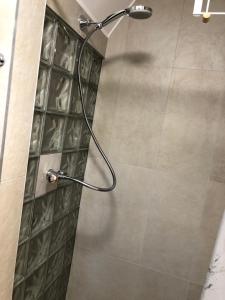 a shower with a hose attached to a wall at Ferienhaus Plöwen MV in Plöwen