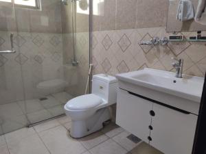 a bathroom with a toilet and a sink and a shower at Peaceful Stay In Peshawar in Peshawar