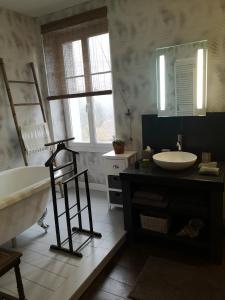 a bathroom with a bath tub and a sink and a bath tub at Les Ombelles in Saint-Estèphe