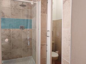 a bathroom with a shower with a toilet at Sunset on Silver Beautiful self catering Studio apt in Roodepoort