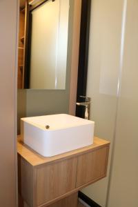 a bathroom with a white sink and a mirror at Chalet Confort 49 in Rivières +14 photos