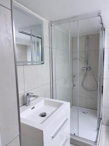 a white bathroom with a shower and a sink at Gästehaus Geiger 63546 Hammersbach Taunusstrasse 12 in Hammersbach