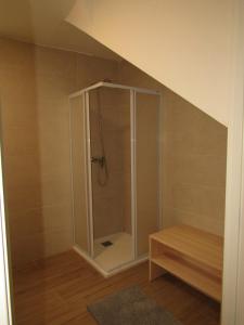 a shower in the corner of a room at A Casa de Chelo in Palas de Rei