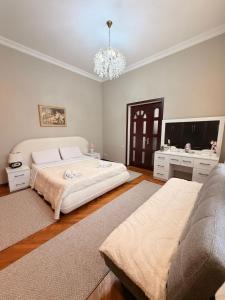 a bedroom with a bed and a tv and a couch at Sunny Flower in Kutaisi
