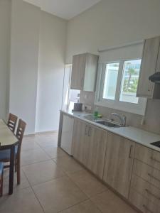 a kitchen with a sink and a table and a window at Proteas Mare Suites in Protaras