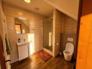 a bathroom with a shower and a toilet and a sink at Biely Dom in Ružomberok