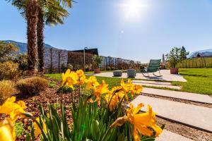 a garden with yellow flowers and a bench at Haus Wiesenstein in Lana +213 photos