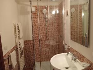 a bathroom with a shower and a sink and a mirror at Lunamuta b&b in Cetraro