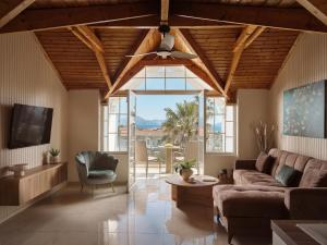 a living room with a couch and a tv at Athina Studios in Laganas