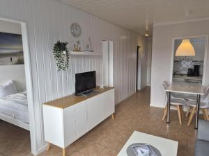 a bedroom with a bed and a television on a dresser at Feriengarten Dahme W 22 in Dahme
