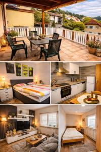 a collage of photos of a kitchen and a house at Pension Central Ferienwohnungen in Bad Endbach