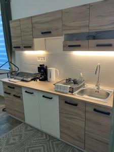 a kitchen with a sink and a counter top at Holling apartman in Fertőboz