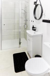 a bathroom with a shower and a toilet and a sink at Park & Town Apartment in Drawsko Pomorskie +17 photos