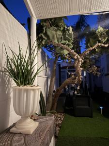 a white vase sitting on a table with plants at New Garden in Mairena del Aljarafe