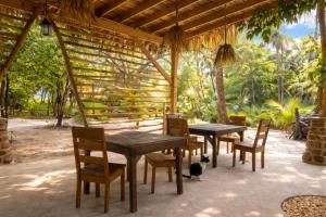 a black cat standing next to two tables and chairs at Muluk Grove Lodge in Placencia