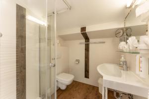 a bathroom with a toilet and a sink and a shower at Hartweger's Hotel in Haus im Ennstal