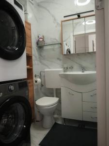 a bathroom with a toilet and a sink and a washing machine at Apartament Premium Militari Parcare Self Check-in in Roşu +16 photos