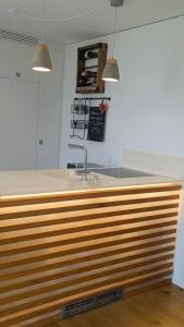 a kitchen with a wooden counter with a sink at Ferienhaus Haus im Garten in Feldkirch