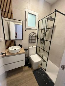 a bathroom with a toilet and a sink and a mirror at Piso Loli in Águilas +19 photos