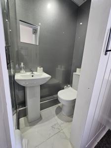 a white bathroom with a sink and a toilet at Edinburgh City Hotel in Edinburgh