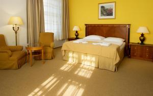 a hotel room with a bed and a chair and a bed sidx sidx at Hotel ZRUČ in Zruč nad Sázavou